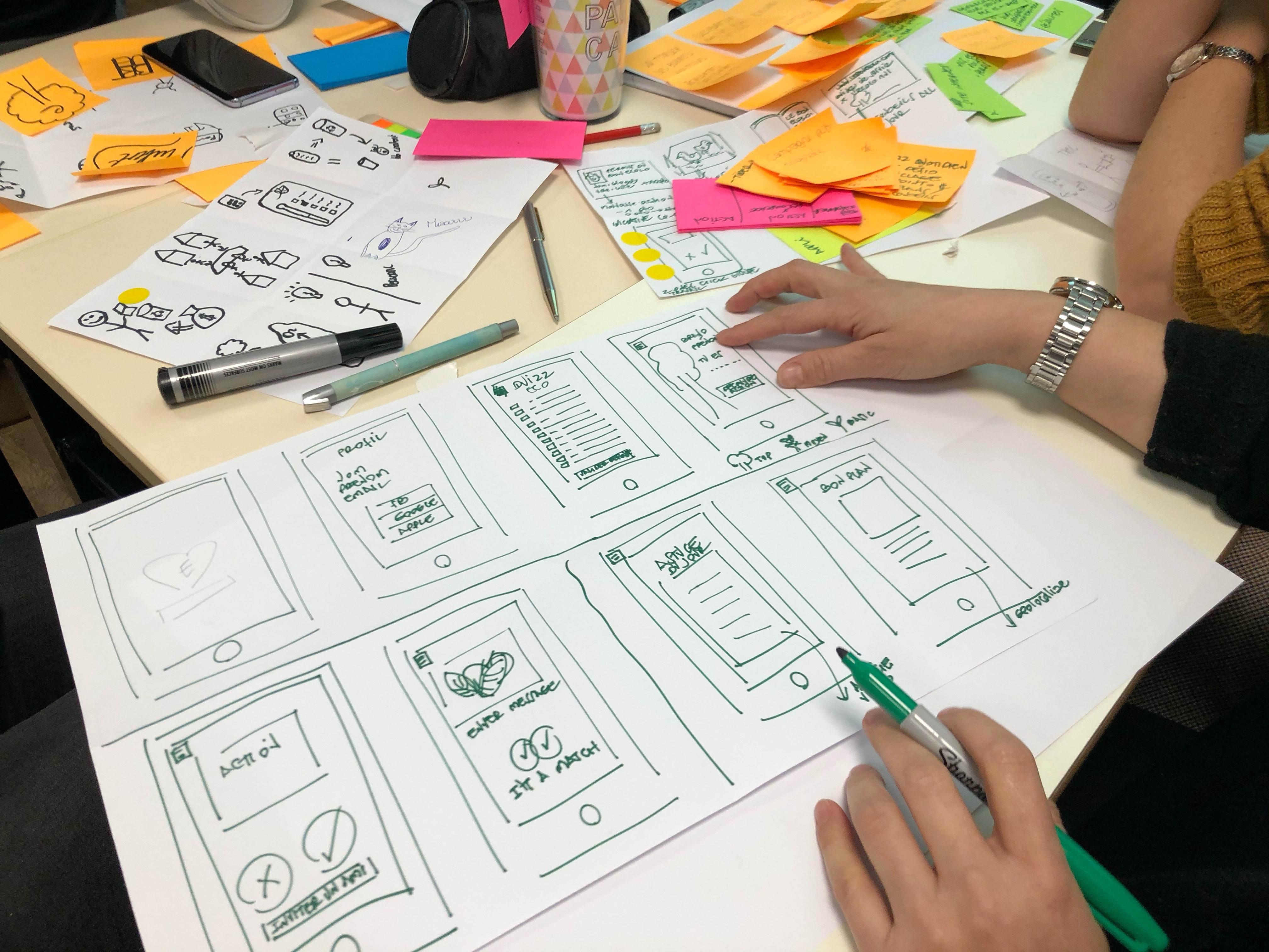 A design session using low-tech materials like papers and sticky notes.